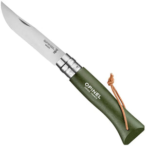 Opinel No.8 Green Stainless Steel Folding Knife with Leather Lanyard
